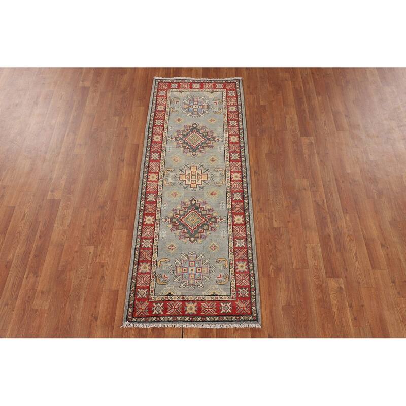 Geometric Kazak Oriental Runner Rug Hand-Knotted Grey Wool Carpet - 2'3" x 5'11"
