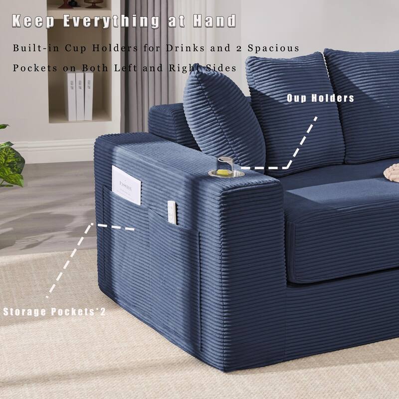 Convertible Corduroy Sleeper Loveseat Sofa Bed 3 Seater Floor Folding Couch with 5 Pillows, Cup Holders and Side Pockets