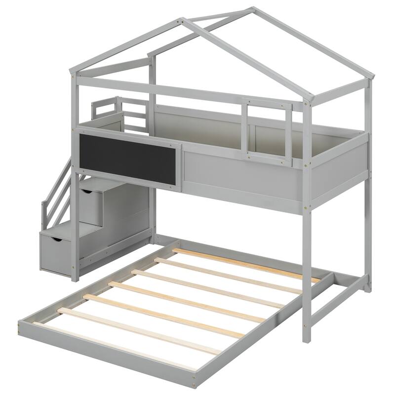 Twin over Full Bunk Bed with Storage Stairs and Blackboard, Gray