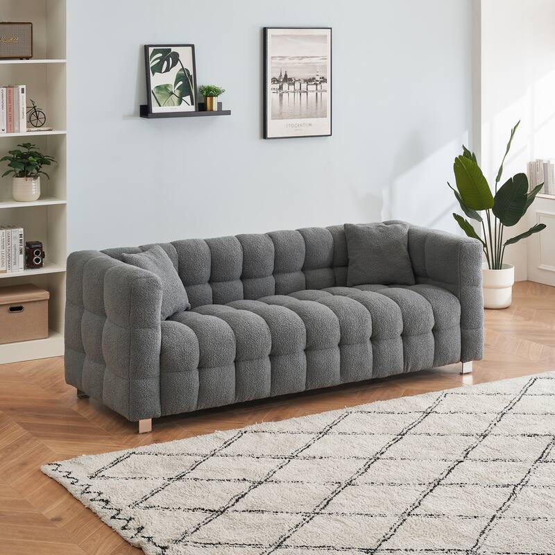 80-Inch Teddy Fleece Sofa with Metal Legs, Ideal for Living Room or Bedroom - Grey