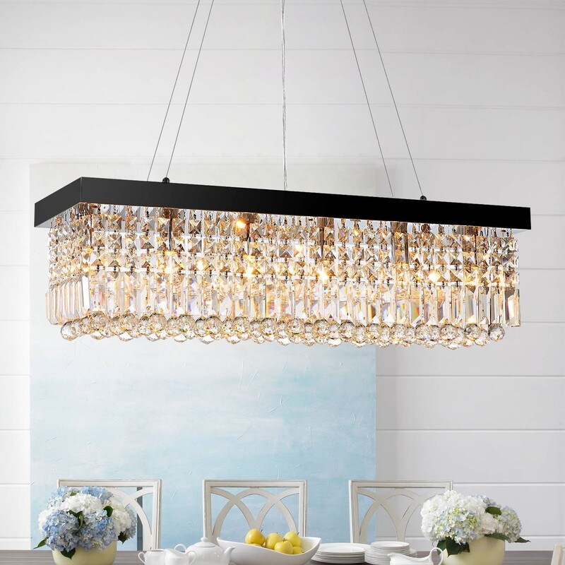 32 in. Black Crystal Modern Chandelier 6-Light Linear Kitchen Island  Pendant Lighting