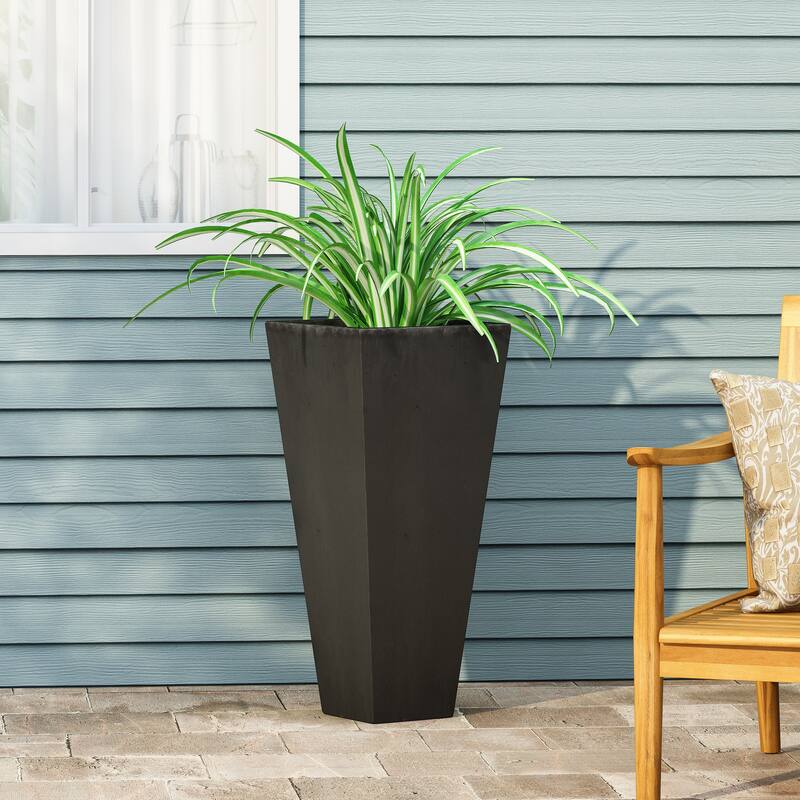 ELLA L 13 Tall Black Magnesium Oxide Planter 13x13x28.5 Inch Tapered Outdoor Modern Garden - Black