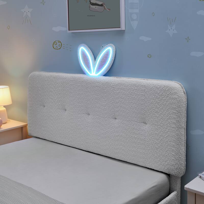 Kids Boucle Upholstered Bed with Rabbit Ear Headboard, LED Music Sync & 4 Drawers