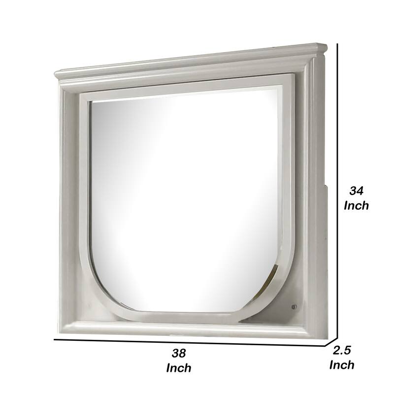 Dima Dresser Mirror, 38 Inch, White Rubberwood, Embossed Panels w LED - Pearl White