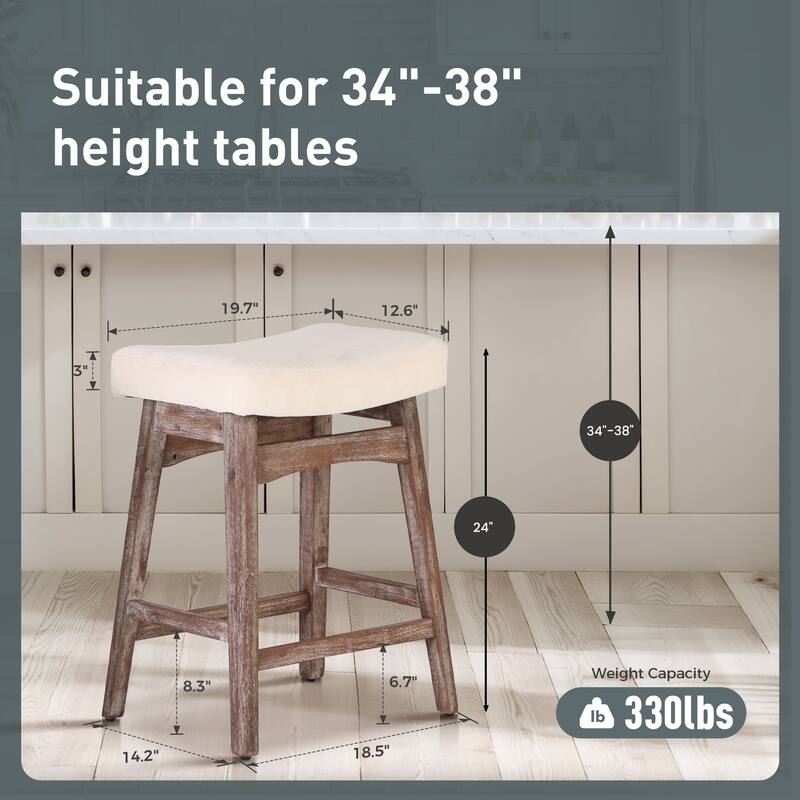 24 Inch Solid Wood Barstools with Linen / PU Leather Fabric Cushion, Set of 2