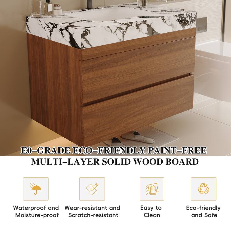 GDFStudio - Modern 31.5" Wall-Mounted Bathroom Vanity with Sintered Stone Top, Ceramic Undermount Sink & Soft-Close Drawers
