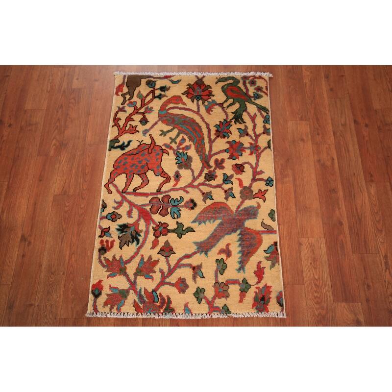All-Over Animals Design Kazak Oriental Rug Hand-Knotted Wool Carpet - 2'0" x 3'0"