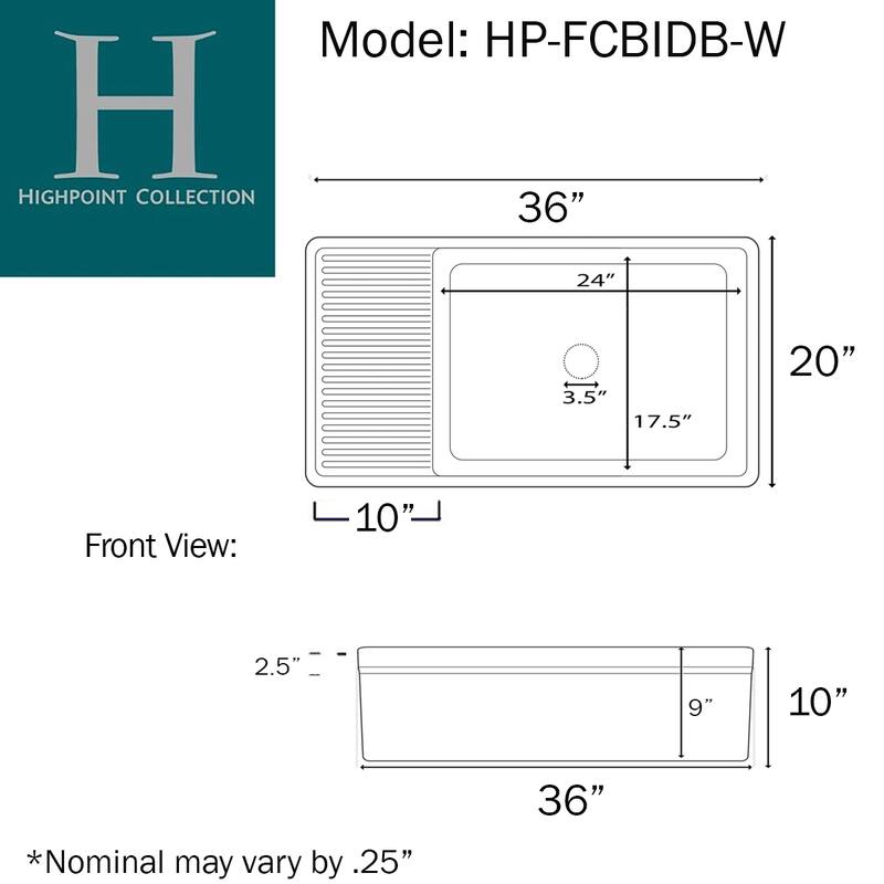 Highpoint Collection Fireclay Farmsink with Built In Drainboard - 36" x 20" x 10"