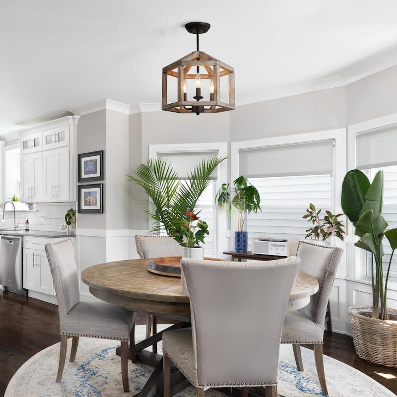 Woodly Farmhouse 3-Light Wood Lantern Semi Flush Mount Ceiling Light