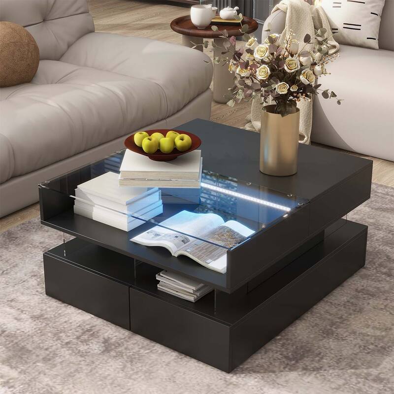 Lift-Top Coffee Table with 2 Drawers,Glass Top and High-Gloss Finish,Hidden Storage and LED Lights for Living Room - Black