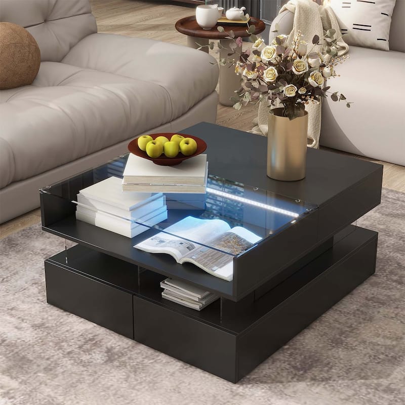 Modern Design Lift-Top Coffee Table with 2 Drawers,LED Lights for Living Room - Black