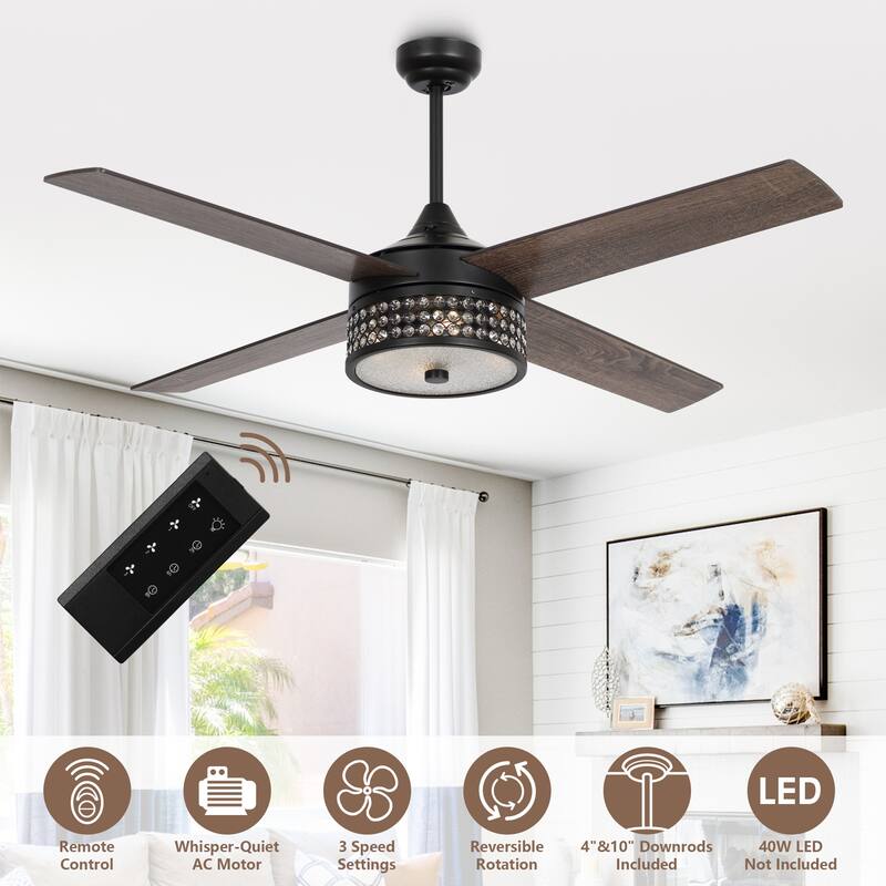 52" Matte Black Modern Crystal Ceiling Fan with Light and Remote Control - 52 in. D x 52 in. W x 15.25 in. H