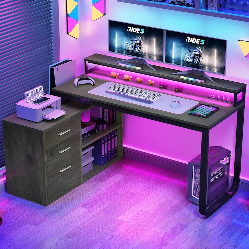 55 Inch L-shaped Gaming Desk with Power Outlets and LED Lights Computer Corner Desk with File Cabinet Monitor Stand - Charcoal Grey