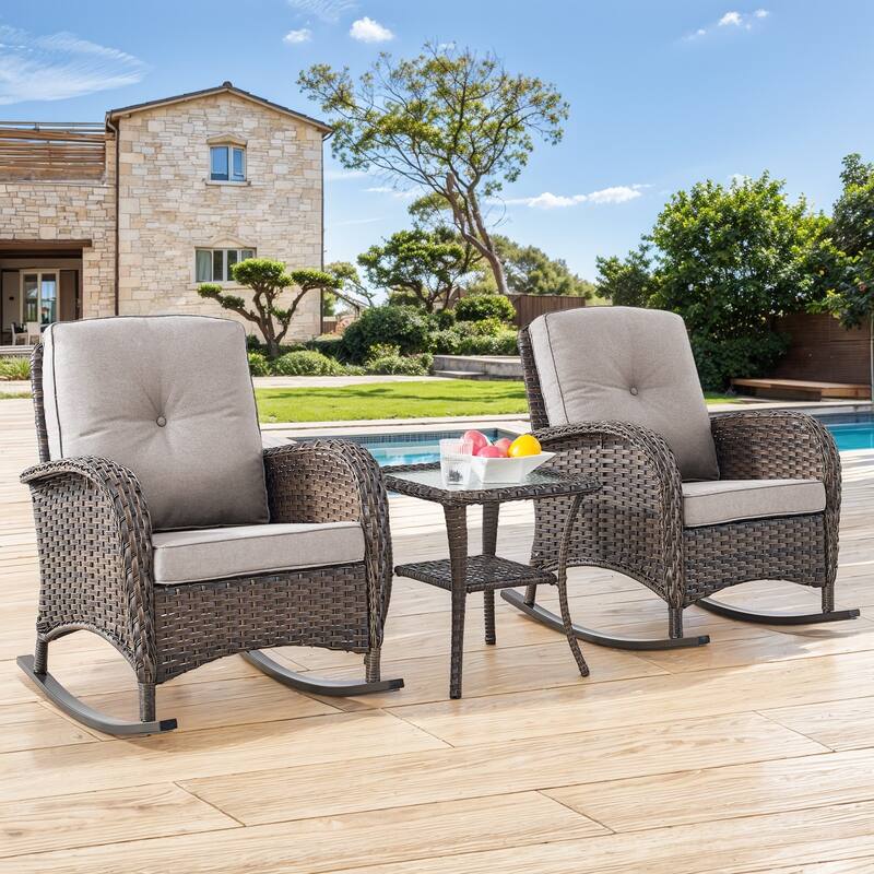 Gymojoy Patio Furniture Set PE Wicker Rocking Chairs & Side Table - 3-Piece - Brown Wicker / Beige Cushion