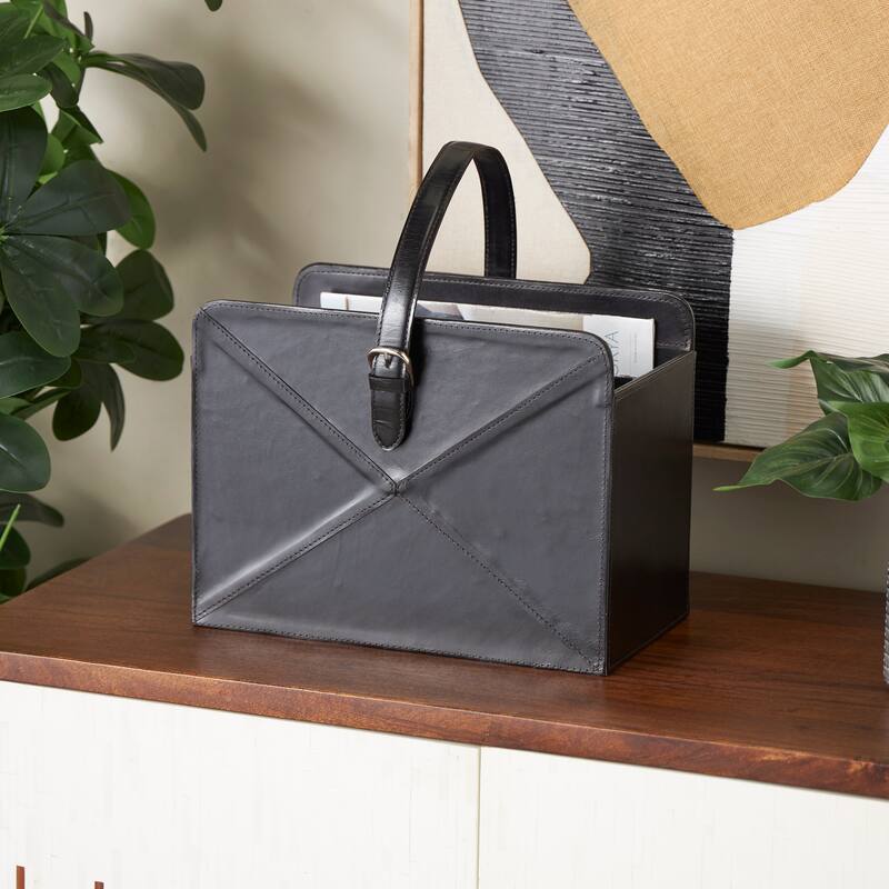 Brown or Black Leather Handmade Box Style Single Slot Decorative Magazine Holder with Detail Stitching and Curved Buckle Handles - Black