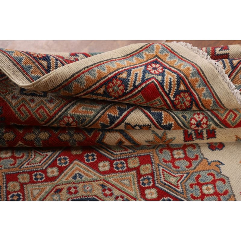 Ivory Geometric Kazak Oriental Area Rug Handmade Wool Carpet - 8'0" x 10'3"