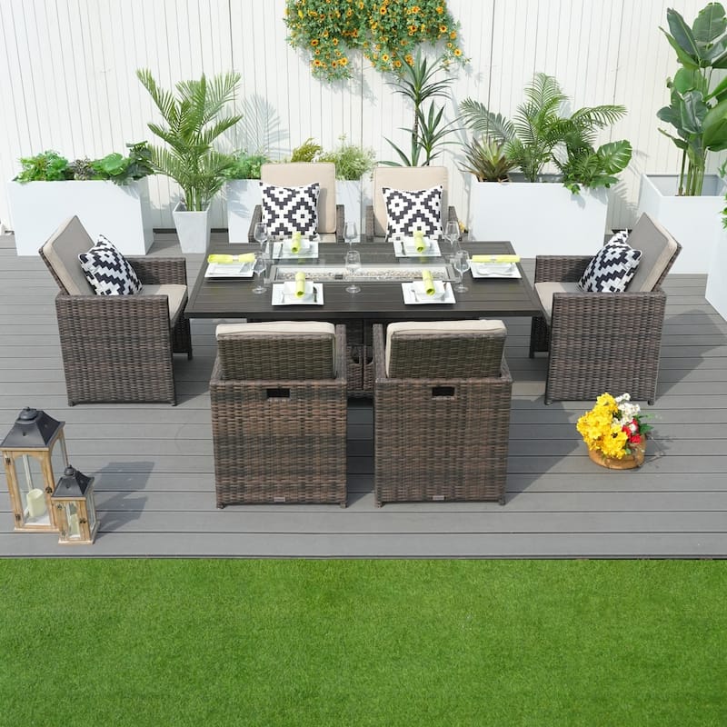 7-piece Outdoor Wicker Patio Dining Set with 6 Chairs and Aluminum Table Top Fire Pit Table