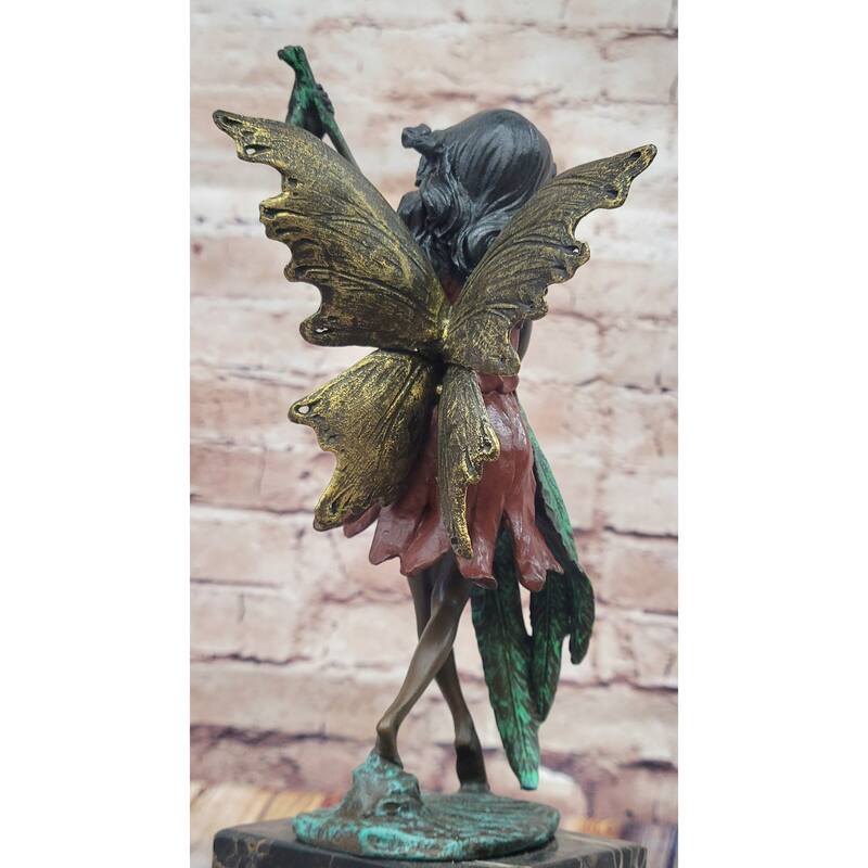 Bronze Fairy Holding Leaf Marble Base Signed By Artist Milo Mythical Figurine