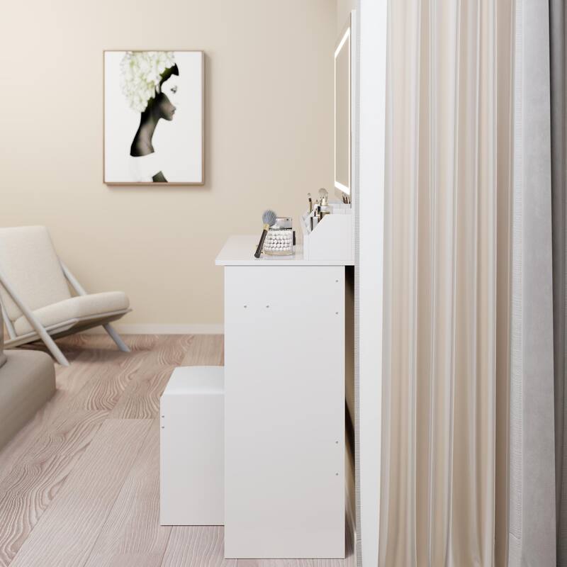 31" x 20" Extra Large LED Mirror Makeup Vanity Table with Stool, Touch Control, Adjustable Brightness & Storage