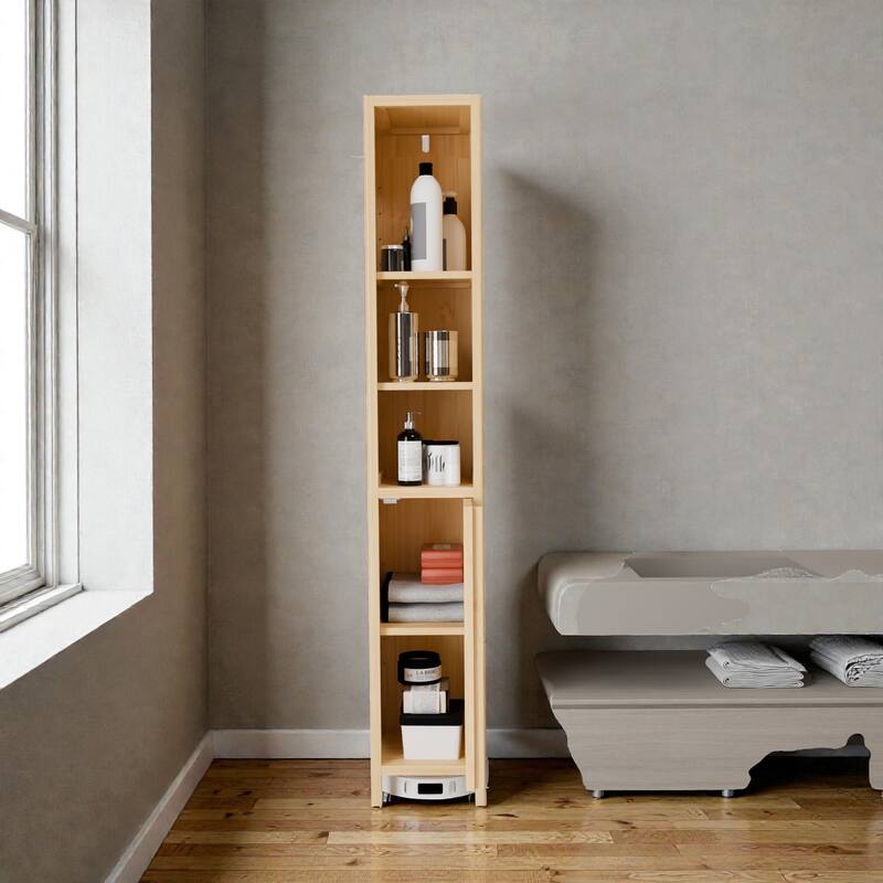 65'' Natural Bamboo Tall Storage Cabinet, Thin Bathroom Tower with Doors, Open Shelf & Interior Shelves for Small Spaces