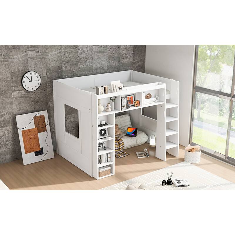 Roomfitters Queen Size Loft Bed with Storage Cabinets and Bookshelves
