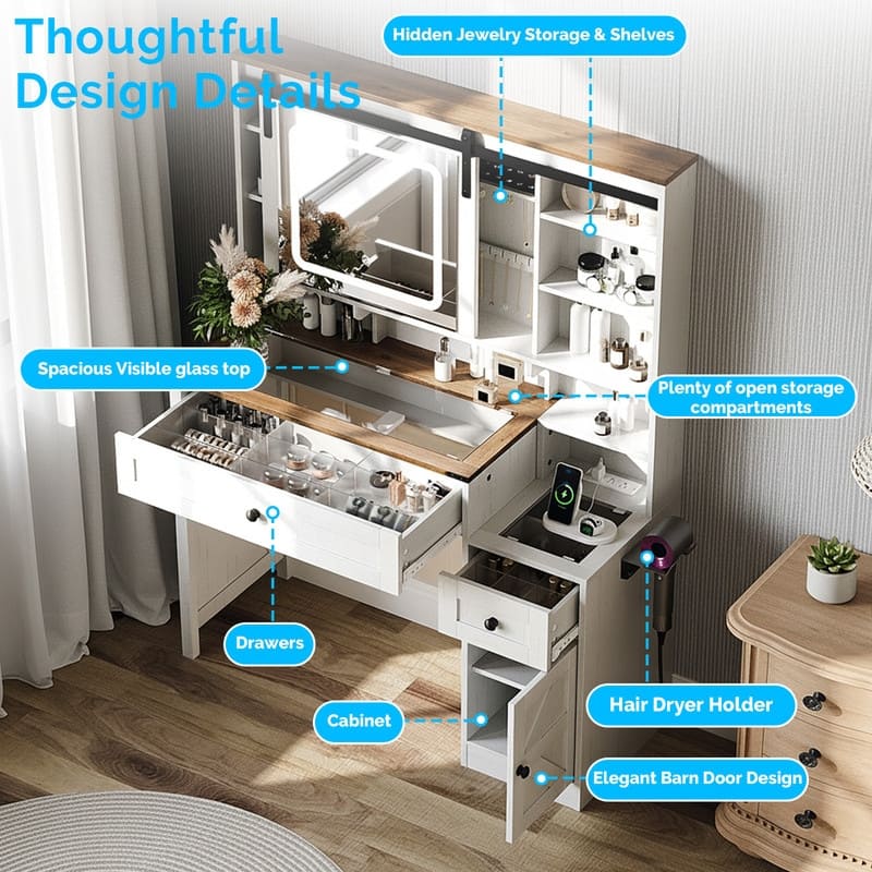 Particle Board, Melamine Veneer, 2 Drawers and 1 Door, Glass Desktop, Barn Door Style Dressing Table - N/A