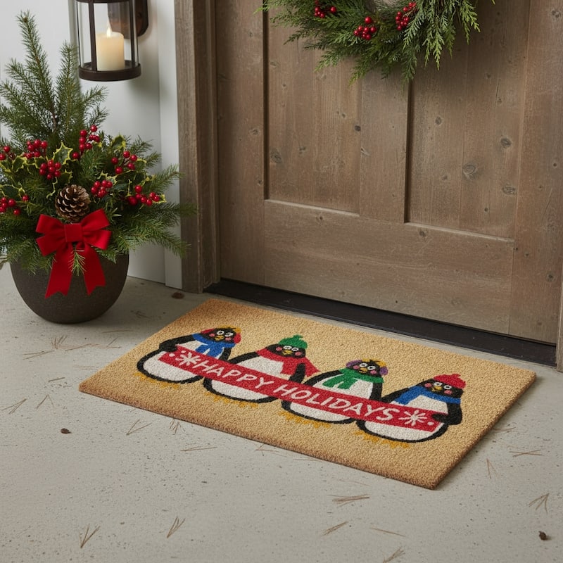 HomeRoots 17" X 29" Brown White And Red Christmas Happy Holidays Outdoor Coir Door Mat - 17.00' X '29.00 - 17.00' X '29.00