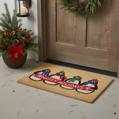 HomeRoots 17" X 29" Brown White And Red Christmas Happy Holidays Outdoor Coir Door Mat - 17.00' X '29.00