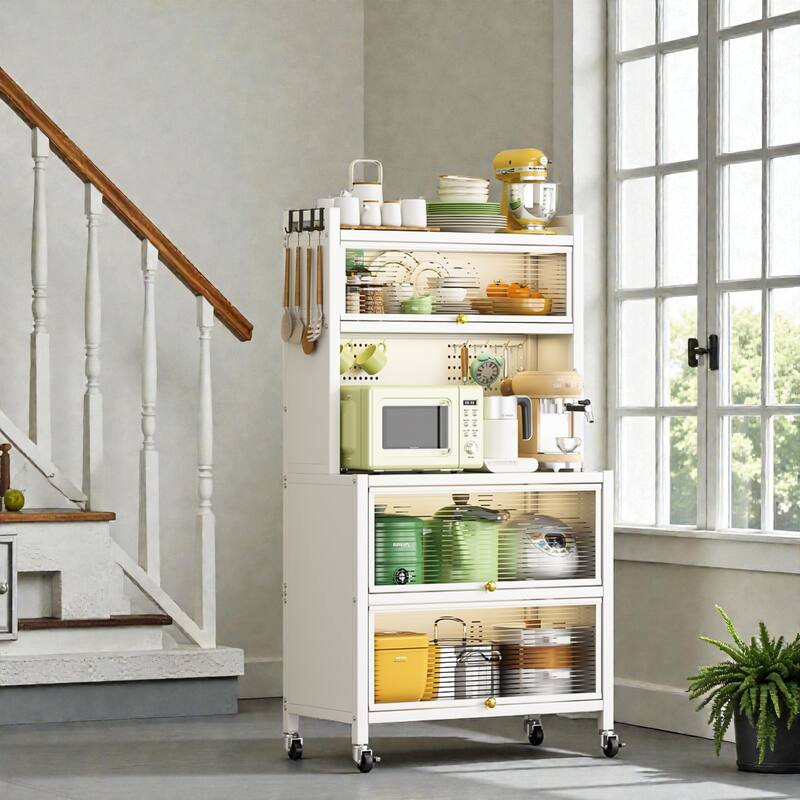 65'' Tall Kitchen Bakers Rack with Flip Door Cabinet, 5 Tier Microwave Stand Coffee Bar with Pegboard Hooks