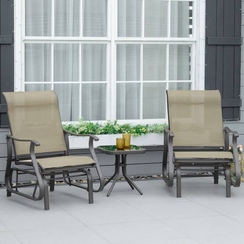 Outsunny 3-Piece Outdoor Gliders Set Bistro Set with Steel Frame,Tempered Glass Top Table for Patio, Garden, Backyard, Lawn - Grey