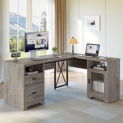 Bestier 63 Inch L Shaped Computer Desk with Power Outlets, Office Desk with Drawers, Glass Door Storage Cabinet & Open Storages