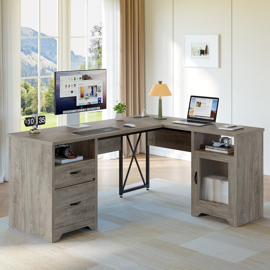 Bestier 63 Inch L Shaped Computer Desk with Power Outlets, Office Desk with Drawers, Glass Door Storage Cabinet & Open Storages