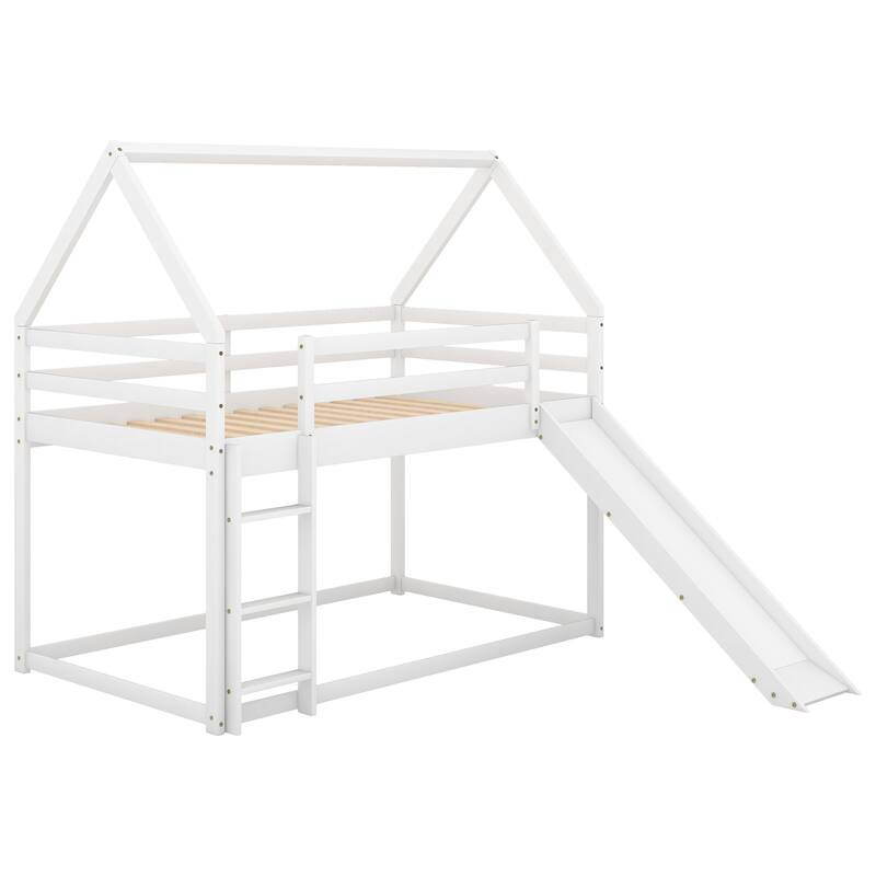 Twin Over Twin House Shape Bunk Bed with Ladder & Slide, Kids Playhouse Bed, Wooden Bunk Beds Frame with Full-Length Guardrails - White - Twin
