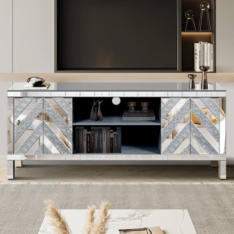 Roomfitters 59" Mirrored TV Stand for TVs up to 65", Silver Media Console with M-Shape Sparkle Doors & Open Storage
