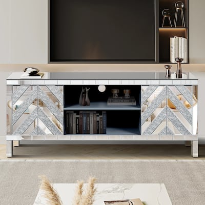 TV Stand with M Shape Sparkling Mirror Doors, Console Table with 2 Storage Cabinets, Entertainment Center with Open Shelves