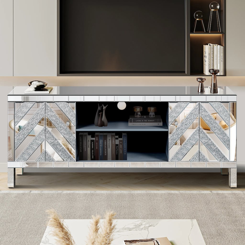 TV Stand with M Shape Sparkling Mirror Doors, Console Table with 2 Storage Cabinets, Entertainment Center with Open Shelves