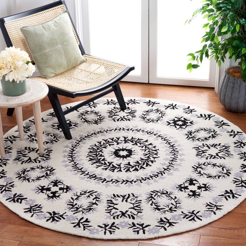 SAFAVIEH Handmade Empire Meenke Floral Wool Rug - 6' Round - Ivory/Black