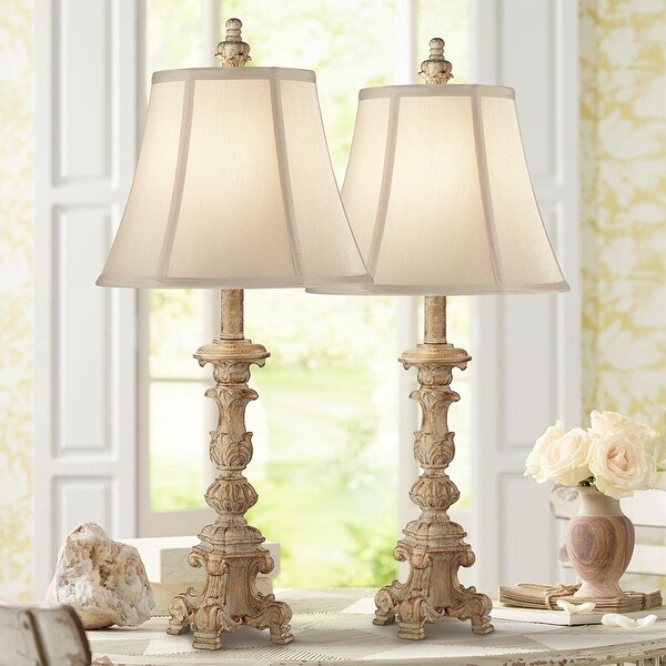 Set of 2 Shabby Chic Table Lamps Candlestick White Washed 12 x 26.5