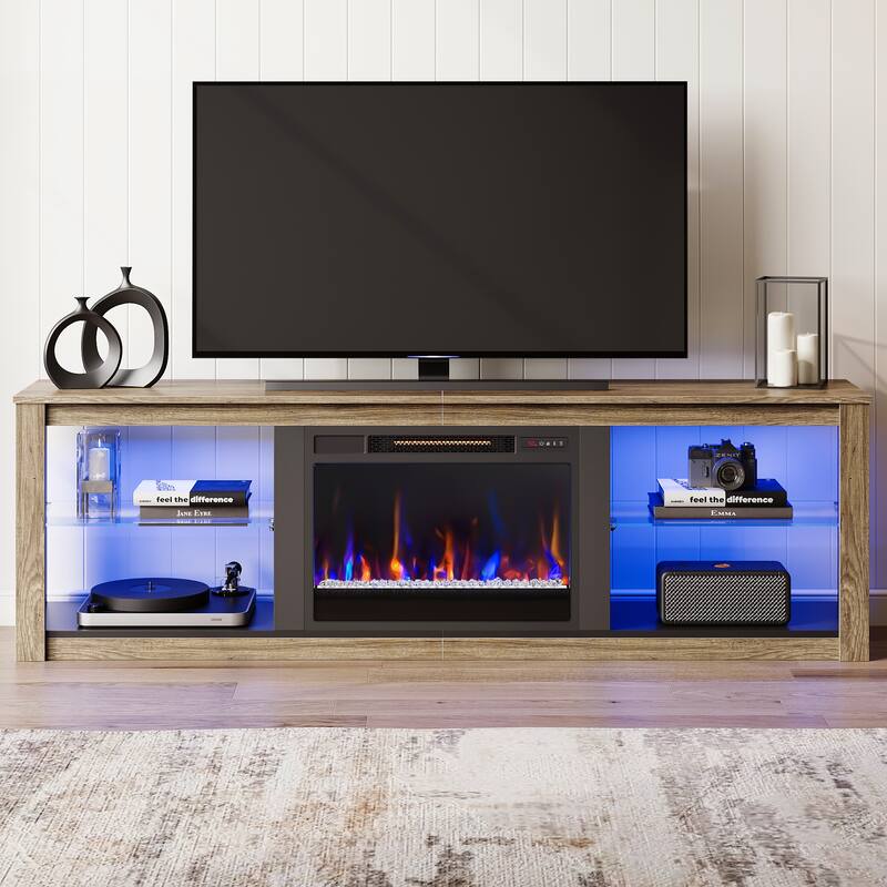 TV Stand for TVs up to 75" with Fireplace, LED Entertainment Center - 71 inch - Grey Wash