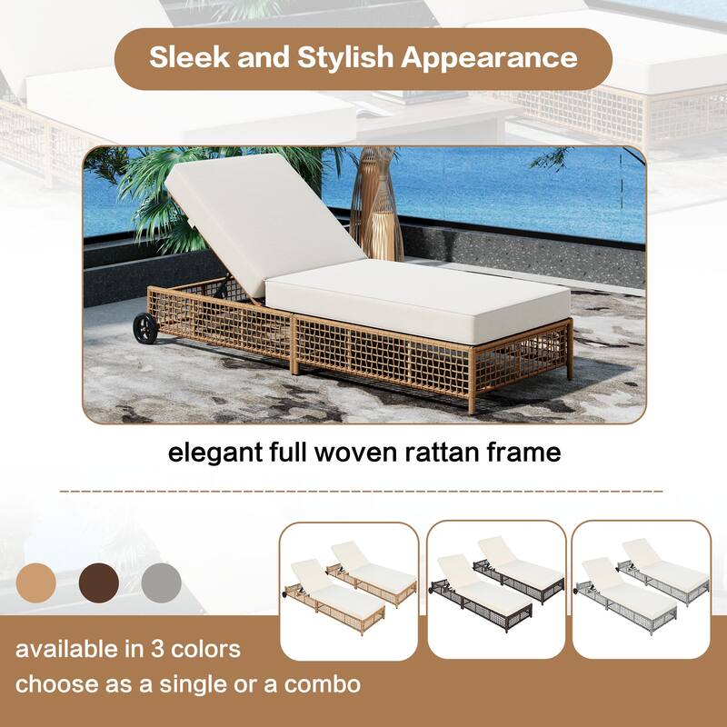 2 Pieces Outdoor Chaise Lounges Set for Poolside Garden, Adjustable Reclining Sun Lounger with Cushion & Wheels for 2 People
