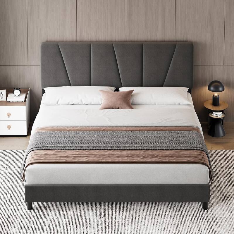 Linen Upholstered Platform Bed Frame with Strong Wooden Slats