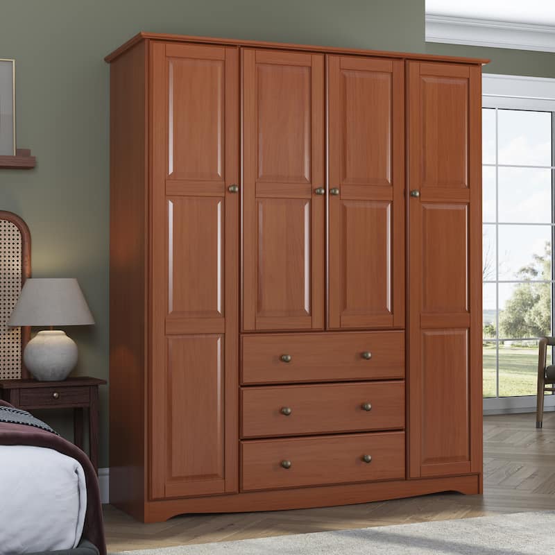 Palace Imports 100% Solid Wood Family 4-Door Wardrobe Armoire with Metal or Wooden Knobs - Mocha-Metal Knobs