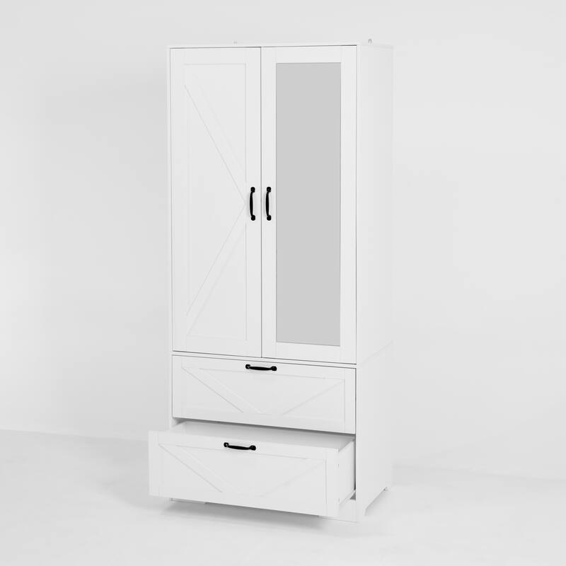 2 Door Wood Wardrobe with Hanging Clothing Rod inside the Cabinet and 2 Drawers, Multifunctional Closet with Mirror