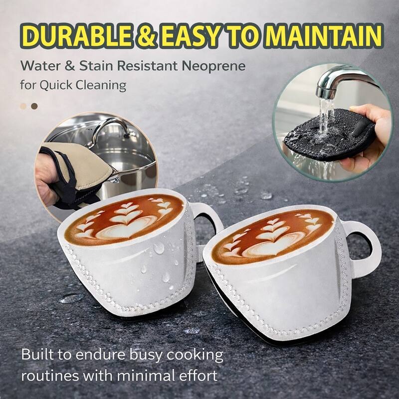 Creative Home Set of 2 Coffee Mug Design Neoprene Heat-Resistant Oven Mitts, Grabbers - 6.3" x 4.7" x 0.3"