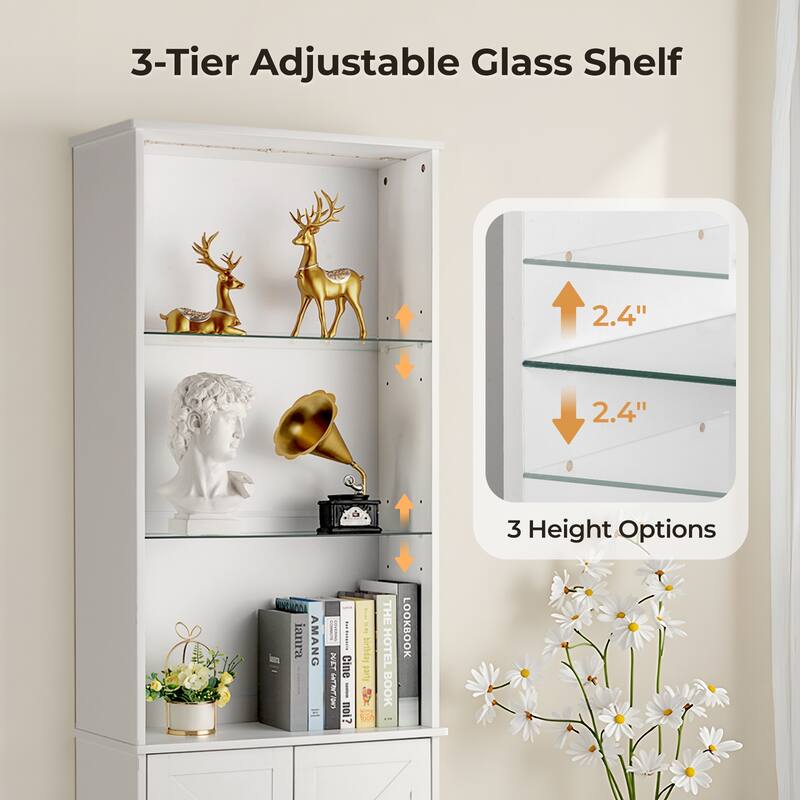 White Wooden Freestanding Open Shelves Storage Cabinet with Glass Doors and RGB LED Lights - 23.62” x 9.25” x 70.9” (L x W x H)