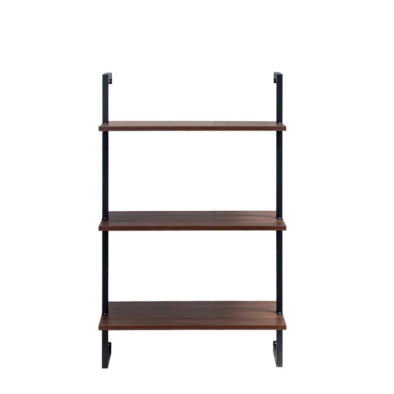 Roomfitters 3-Tier and 2-Tier Wall Mounted Shelves, Metal and Wood Hanging Storage Rack, Walnut