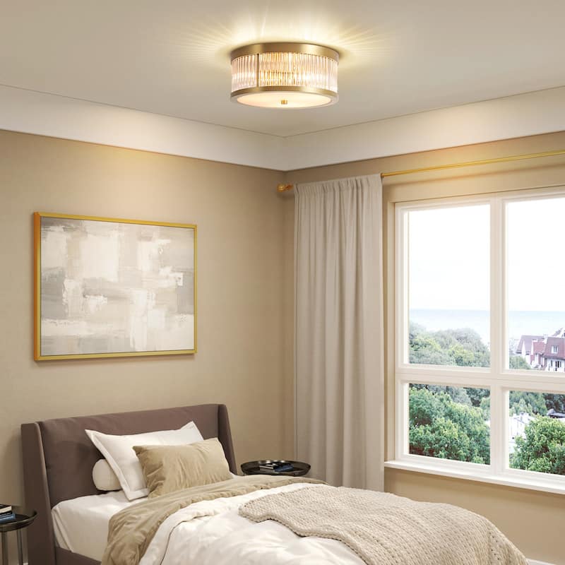 12.20 in. 3-Light Modern Industrial Round Drum Flush Mount Ceiling Light with Clear Glass Rods
