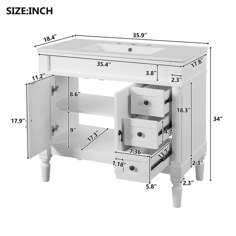 GDFStudio - Hellie 36" Modern Bathroom Vanity with Ceramic Sink - Soft-Close Doors, Drawers & Adjustable Storage