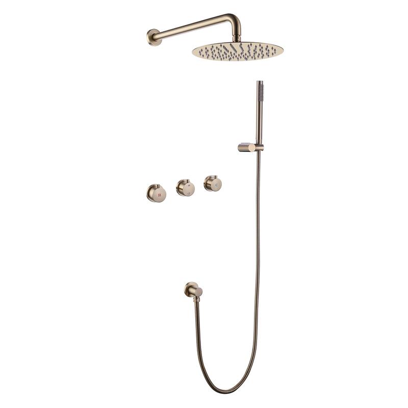 Three Handles Double Functions Complete Shower System With Rough-In Valve - Brushed Gold