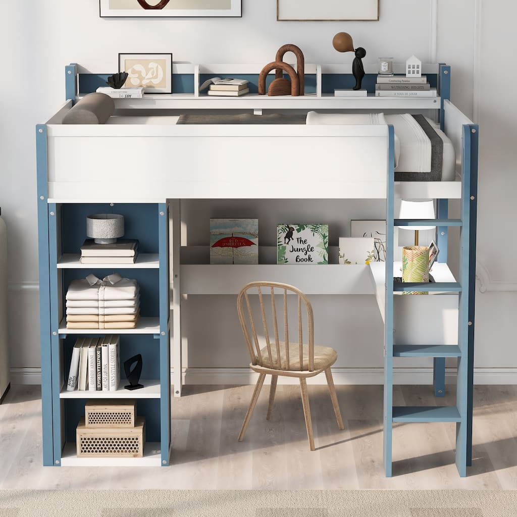 Full Size Wood Study Loft Bed with Built In Desk, Versatile Storage High Loftbed Frame with Shelves, Hanging Rod and Wardrobe‌